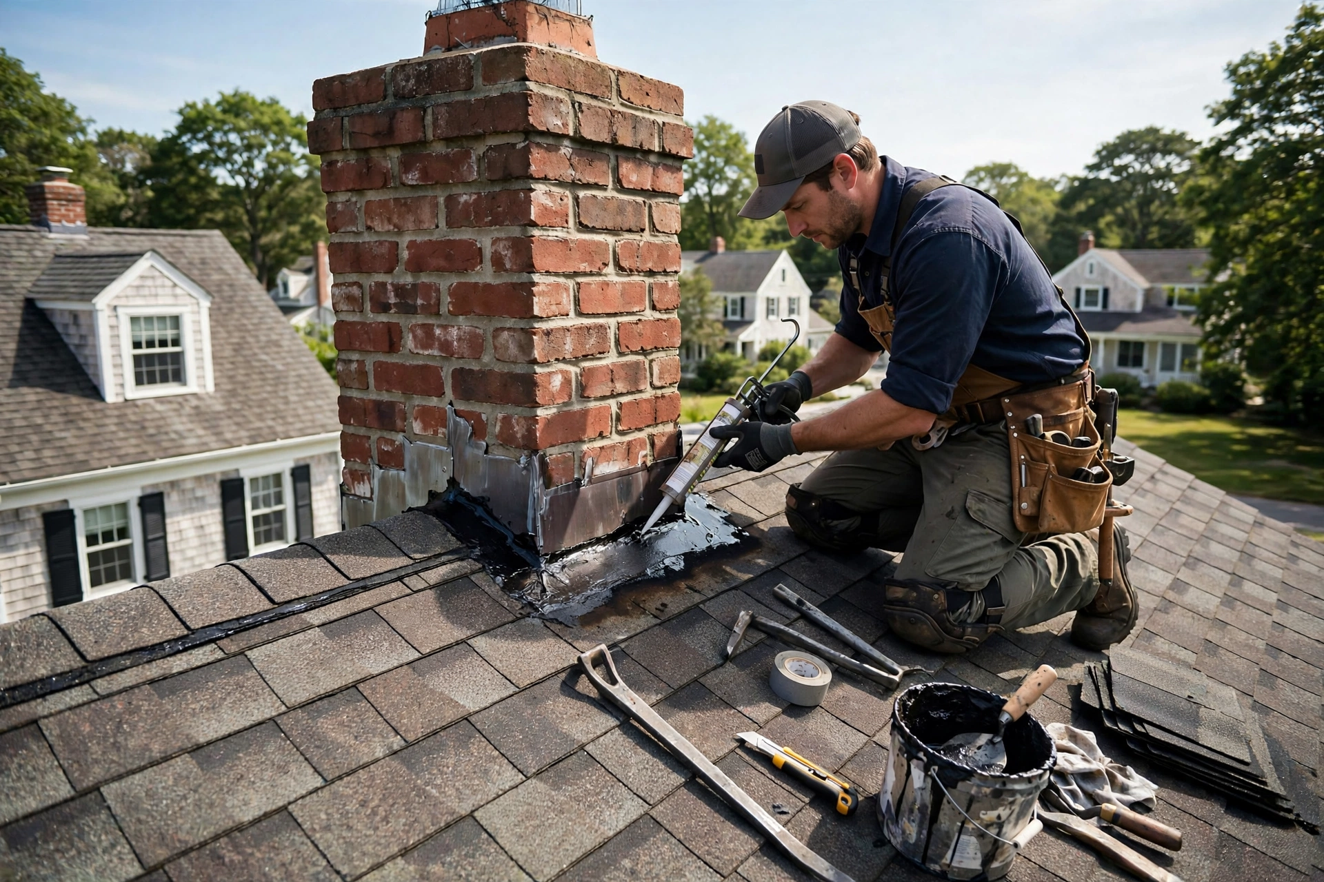 Roofer performing roof leak repair on a Levittown home
